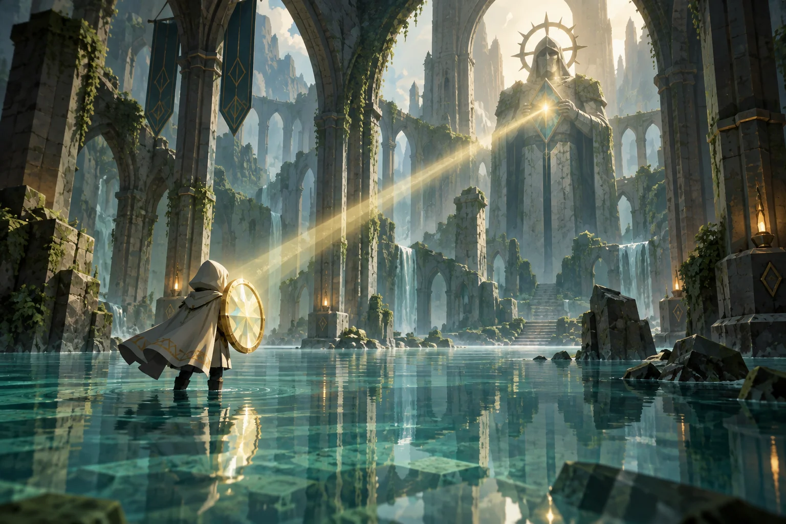A mirror-shield keeper reflecting sunlight in a flooded abbey